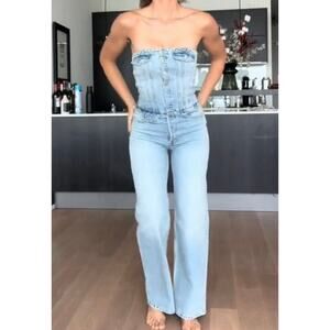 Zara Viral Strapless Denim Jean Bustier Jumpsuit Pants Medium Light Wide Leg